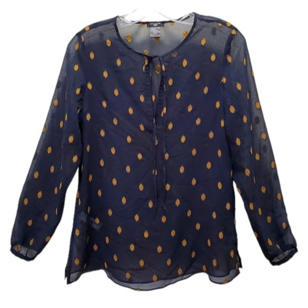 Ann Taylor Women's Sheer Navy Blouse Top with Gold Accent Embellishment Size XSP